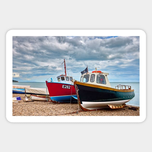 Colourful Fishing Boats on Beer Beach, Devon Sticker by GrahamPrentice